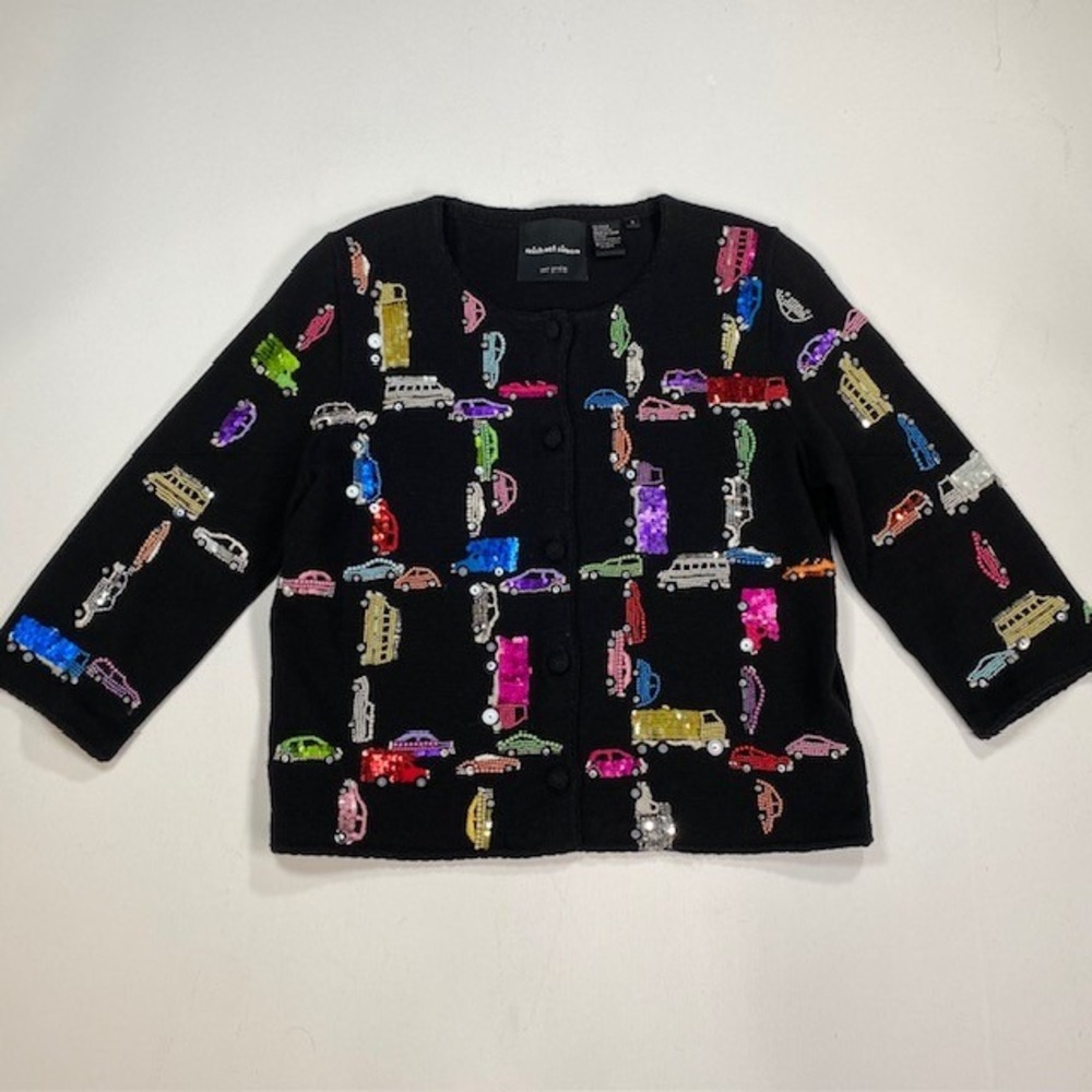 Michael Simon New York Beaded Sequin Car Motif Black Cardigan Sweater‎ Size S